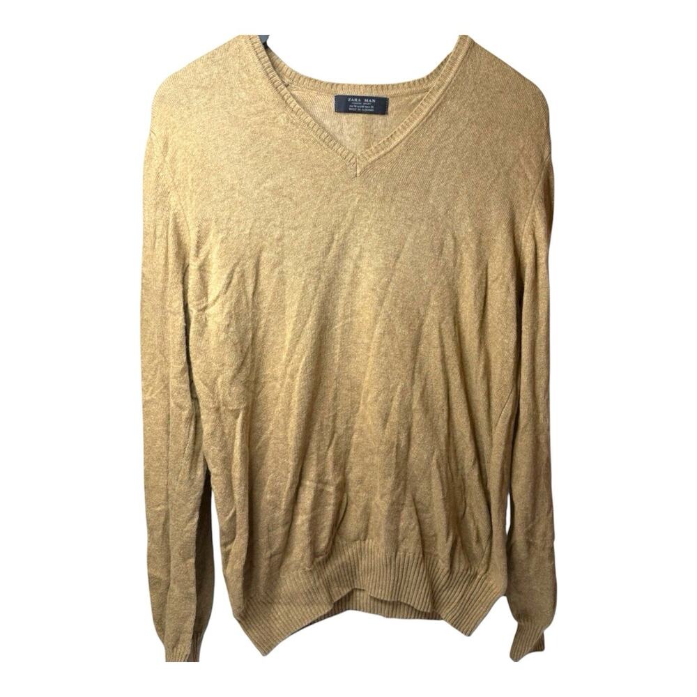 Zara Man Classic Sport Tan V-Neck Knit Sweater Mens Medium